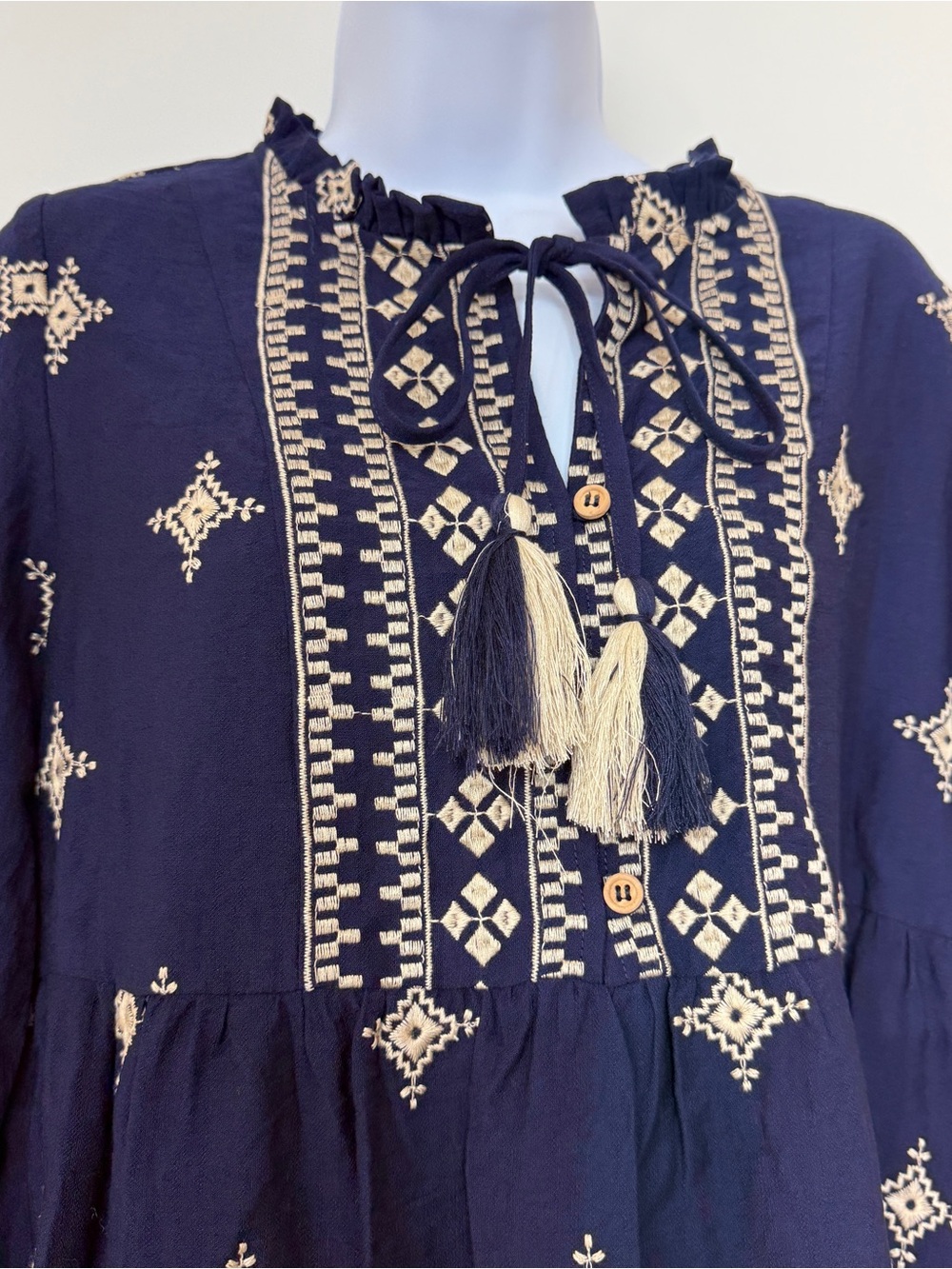 NWT Camellia Embroidered Boho Mini Dress - Size S Tassel Tie Neck- Navy - Picture 2 of 13